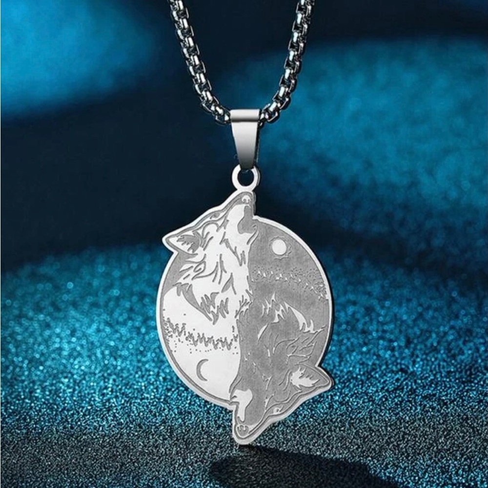 Yin Yang Wolf- Howl Night Day Light Dark Sun Moon Wildlife Silver Steel Necklace - Picture 4 of 4